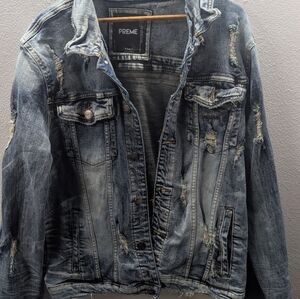 PREME Blue Denim Jacket Distressed Size XL Red Zipper Stripe Tattered